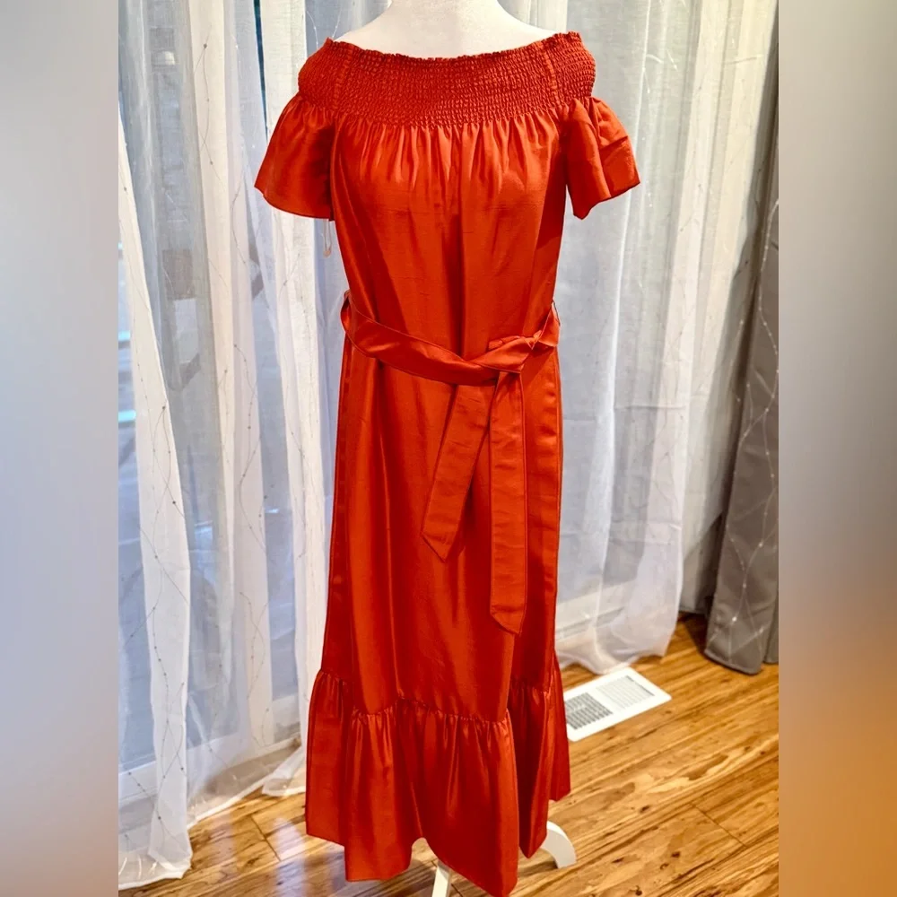 NWT Tory Burch Ramona Silk‎ Off The Shoulder Maxi Dress Red Canyon Size M